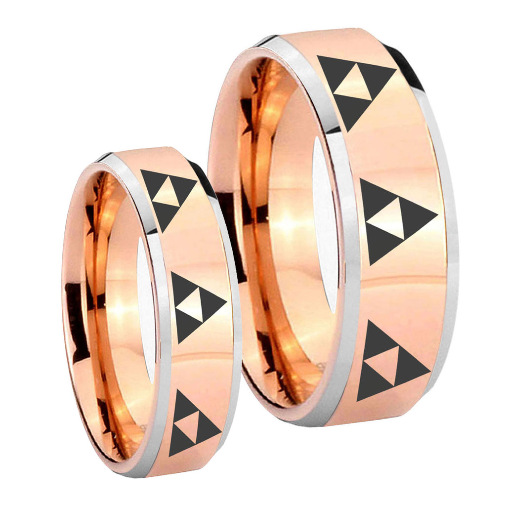 Multiple Zelda Triforce Beveled Rose Gold Tungsten Mens Ring Set