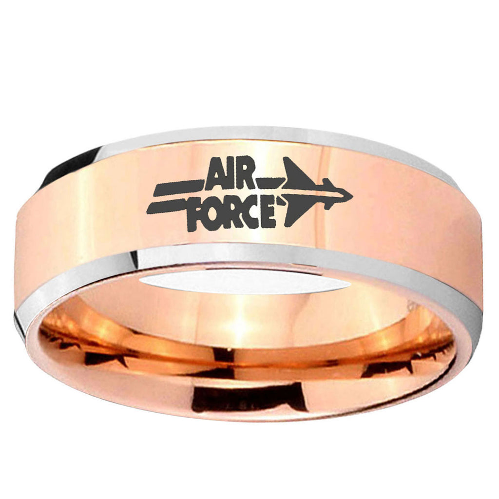 10mm Beveled Air Force Rose Gold IP 2 Tone Tungsten Ring
