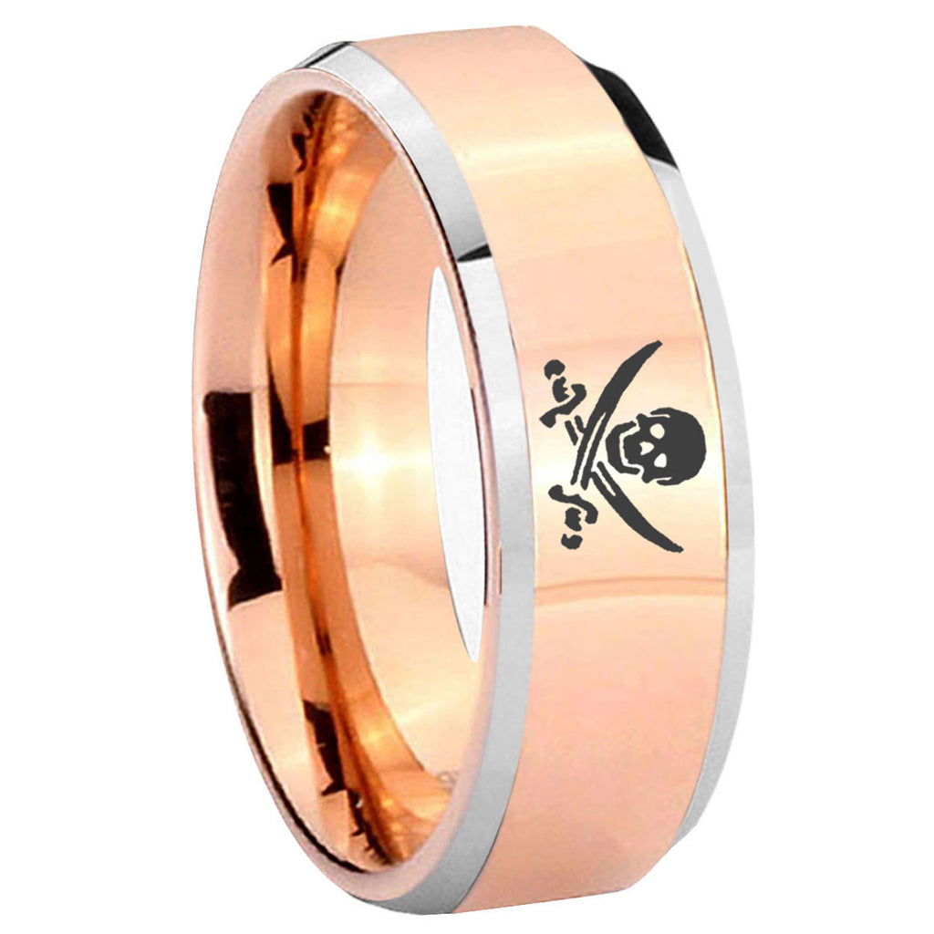 8MM Skull Pirate Beveled Rose Gold Tungsten Man Wedding Band