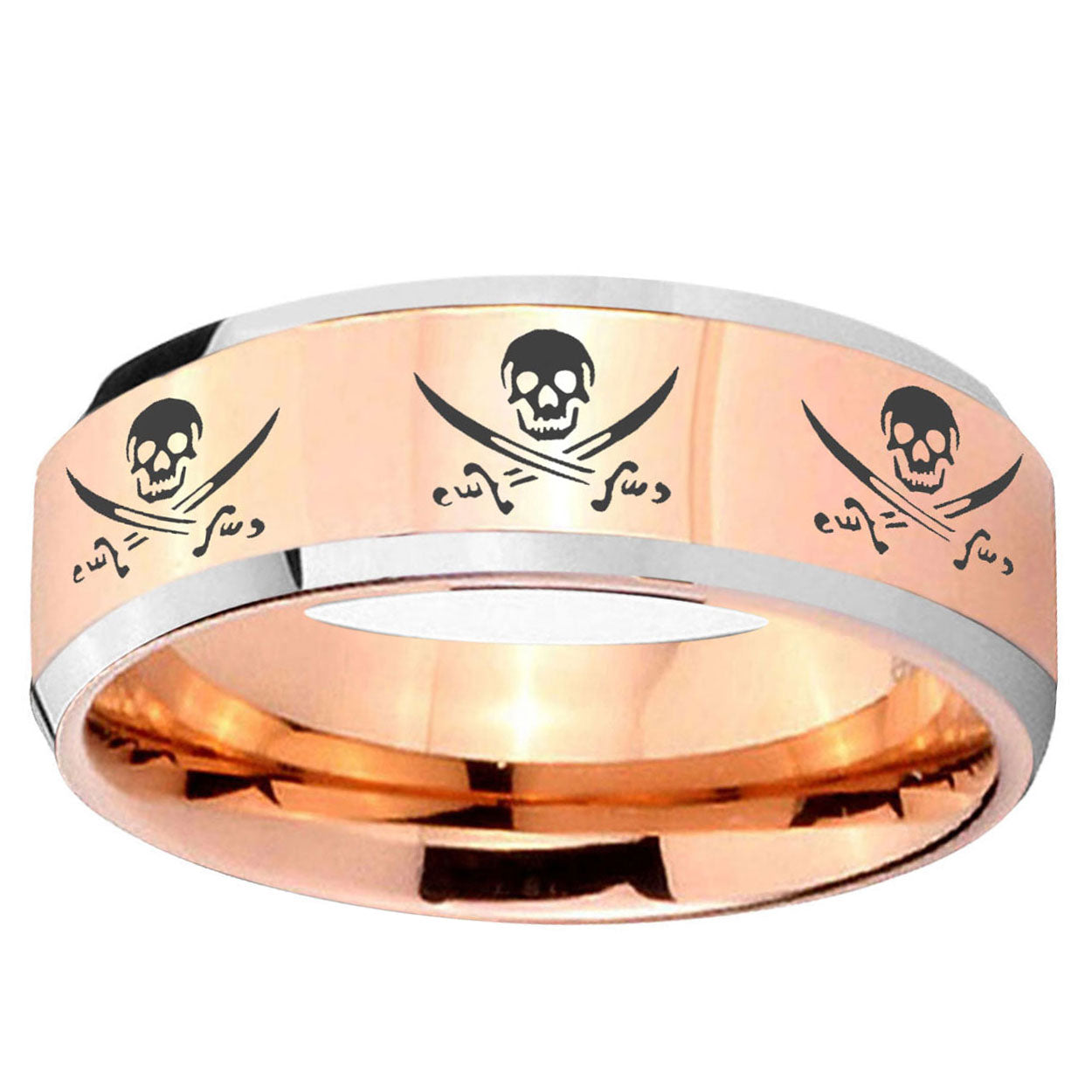 5MM Multiple Skull Pirate Beveled Rose Gold Tungsten Ring