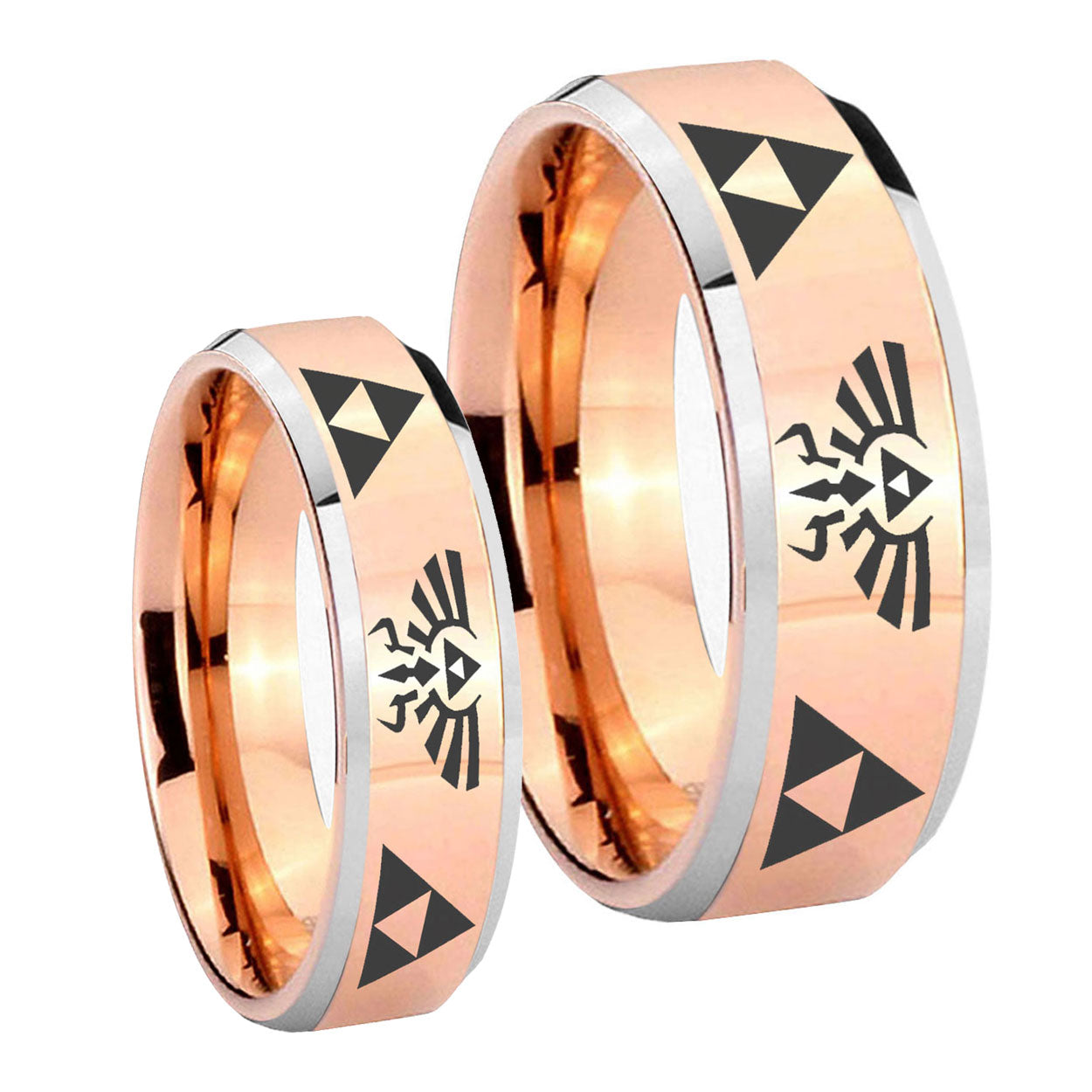 Legend of Zelda Beveled Edges Rose Gold Tungsten Couple Wedding Bands
