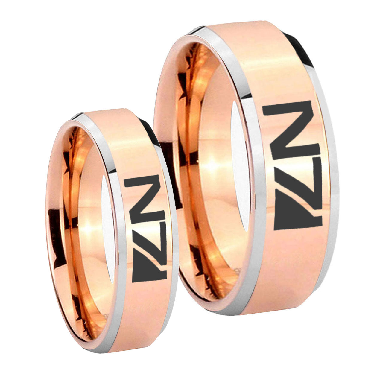 N7 Design Beveled Edges Rose Gold Tungsten His Hers Ring Set
