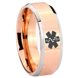 8mm Medical Alert Beveled Edges Rose Gold Tungsten Carbide Mens Wedding Band