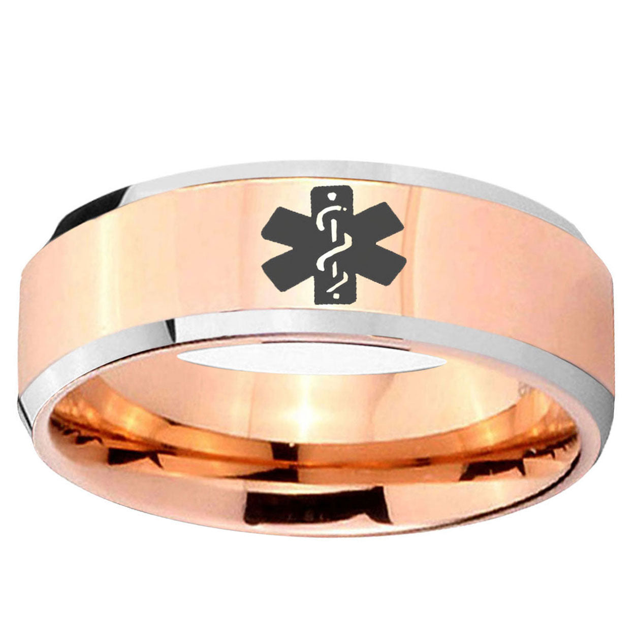 5MM Medical Alert Beveled Rose Gold Tungsten Custom Engraved Ring