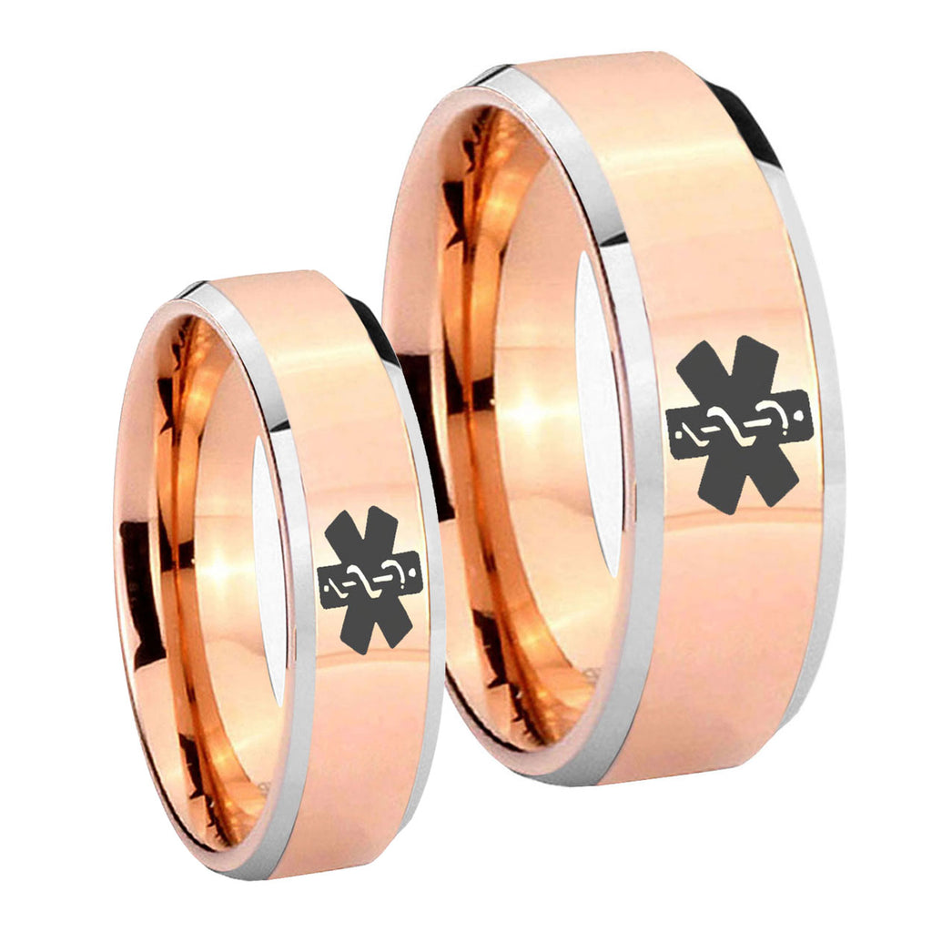 Medical Alert Beveled Edges Rose Gold Tungsten Bridal Set Rings