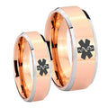 Medical Alert Beveled Edges Rose Gold Tungsten Bridal Set Rings