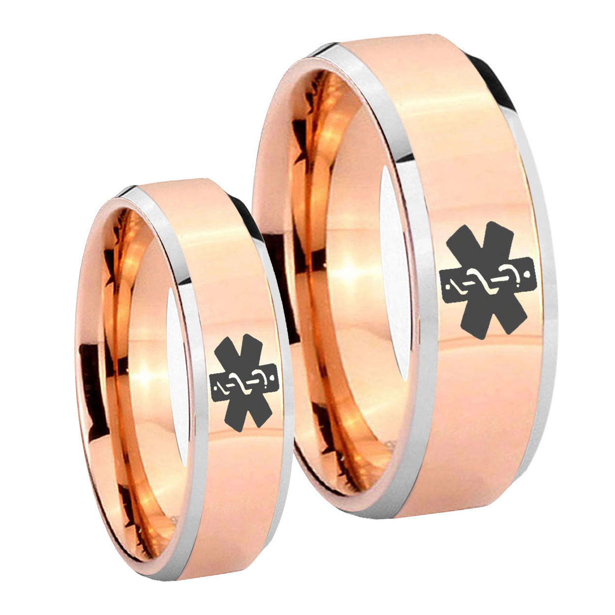Medical Alert Beveled Edges Rose Gold Tungsten Bridal Set Rings