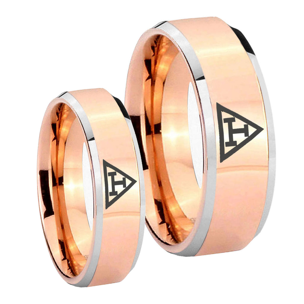 Masonic Triple Beveled Edges Rose Gold Tungsten Mens Set Rings
