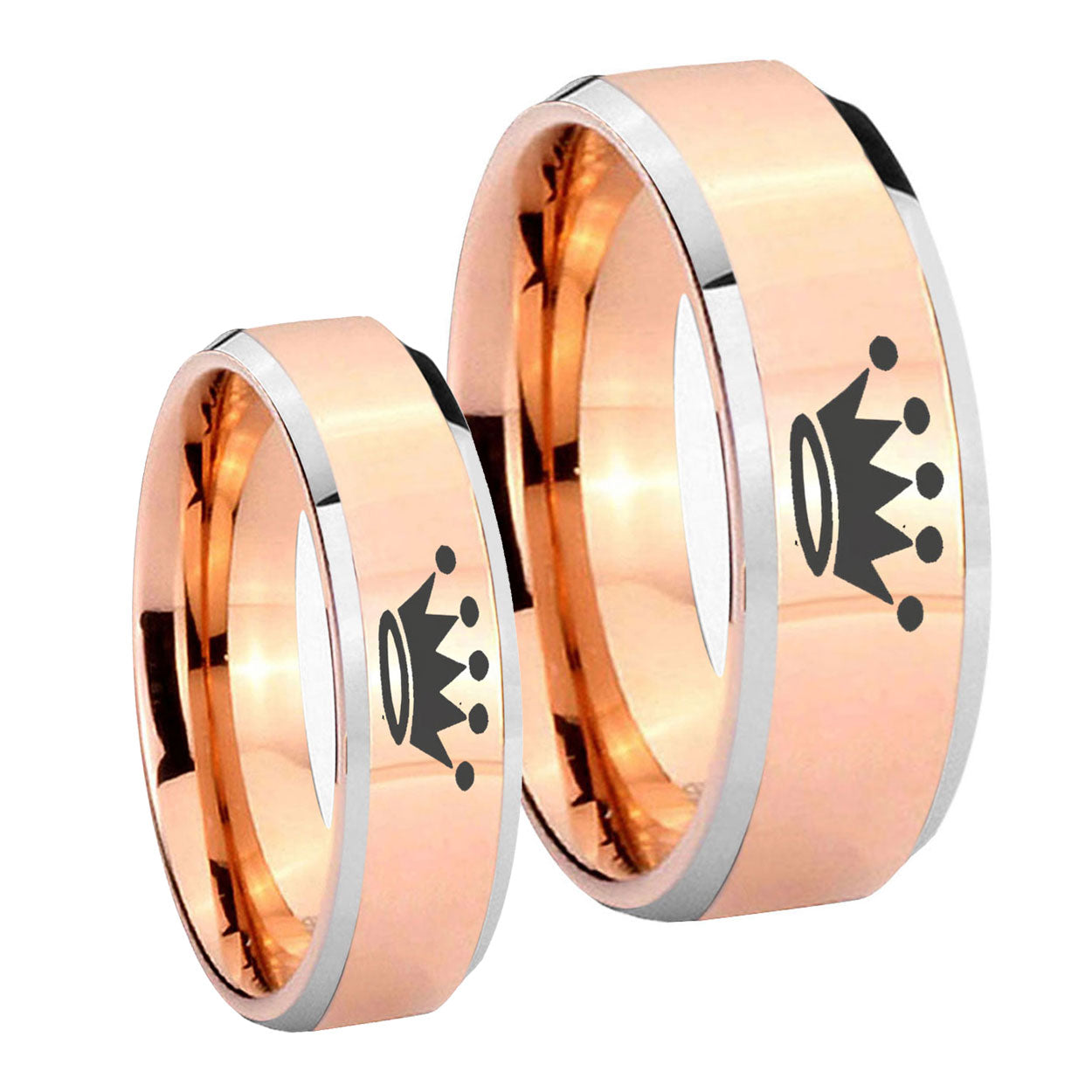 Crown Beveled Edges Rose Gold Tungsten Bridal Set Ring