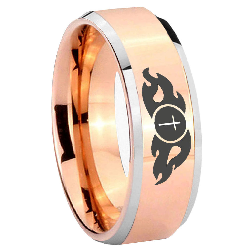 10mm Flamed Cross Beveled Edges Rose Gold Tungsten Carbide Custom Ring for Men