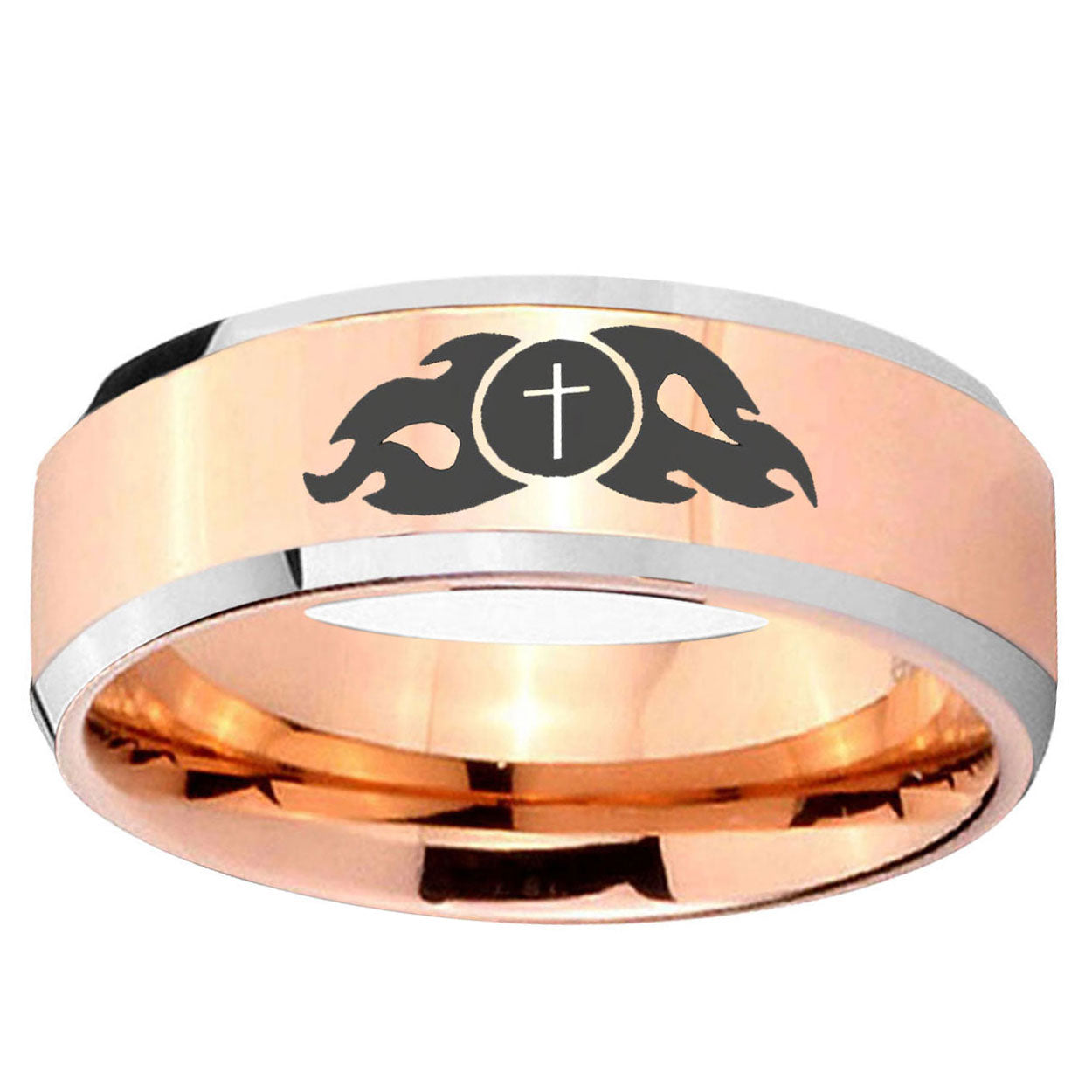 10mm Flamed Cross Beveled Edge Rose Gold Tungsten Carbide Custom Ring for Men