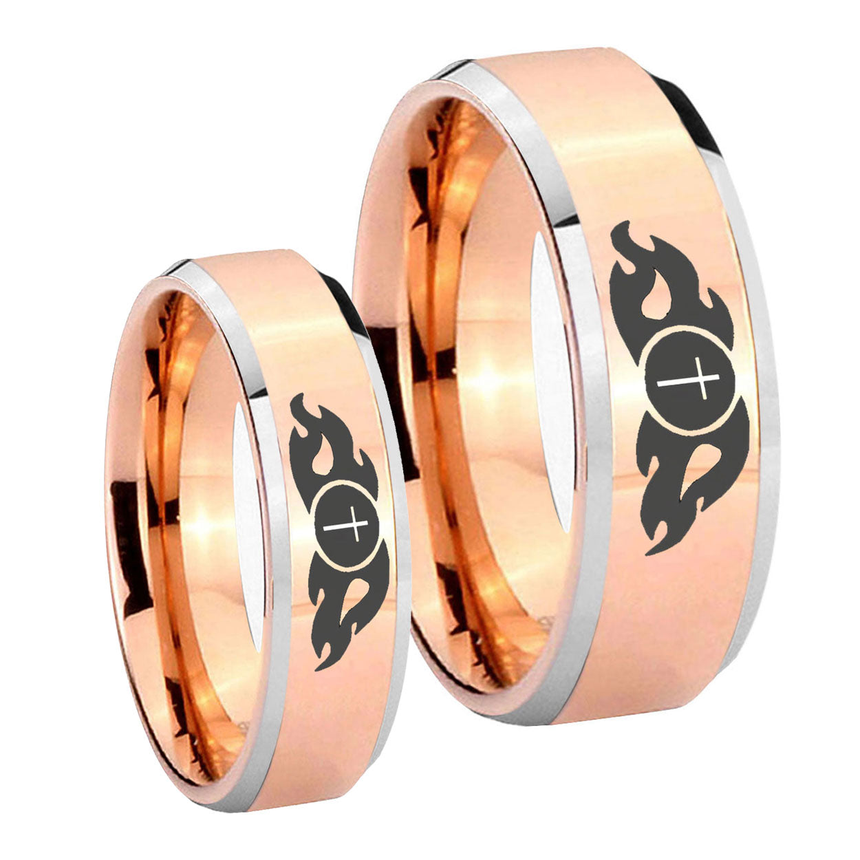 Flamed Cross Beveled Edges Rose Gold Tungsten Couple Wedding Rings