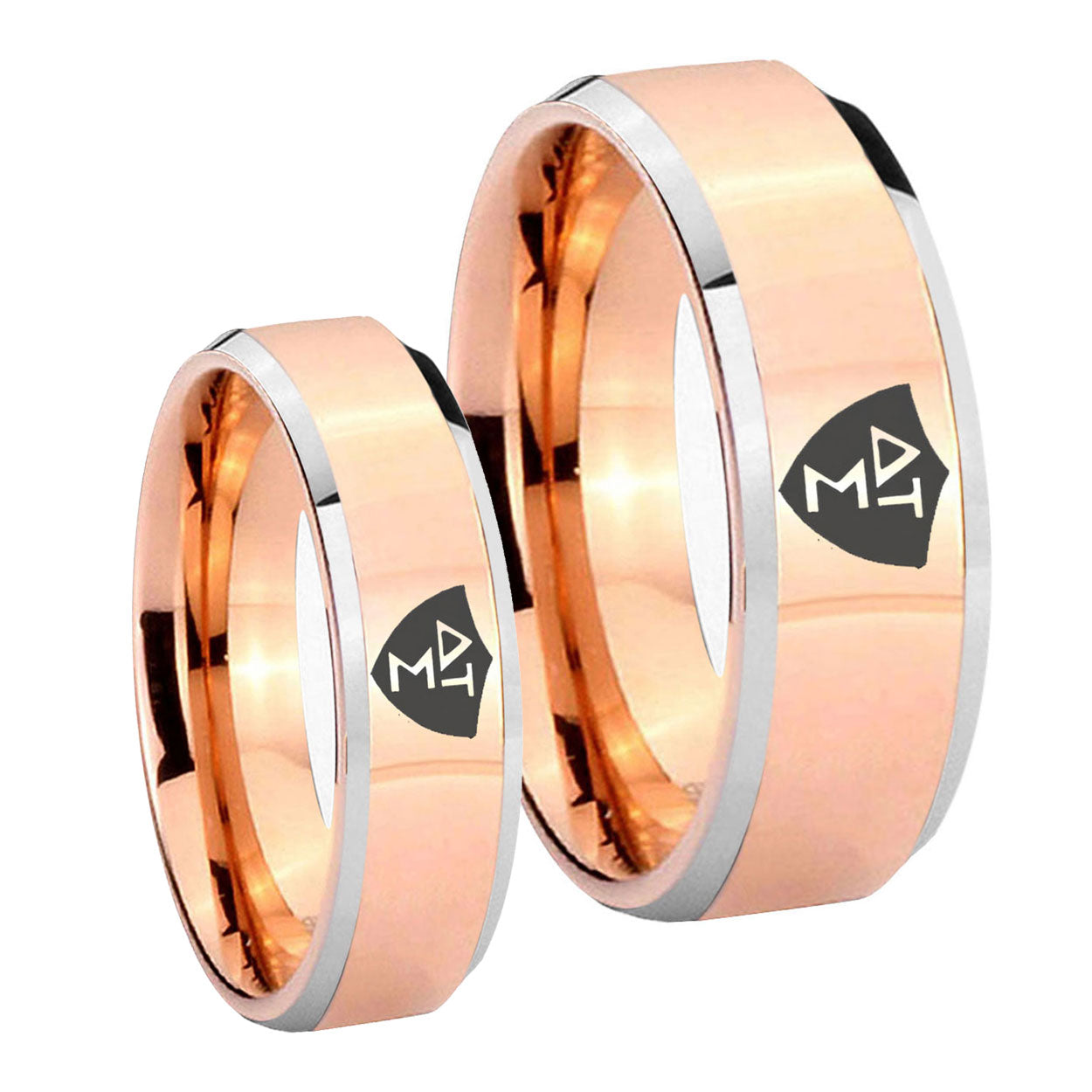 Greek CTR Beveled Edges Rose Gold Tungsten Matching Ring Set
