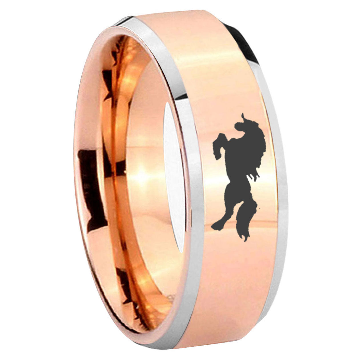 8MM Horse Beveled Rose Gold Tungsten Engrave Man Ring
