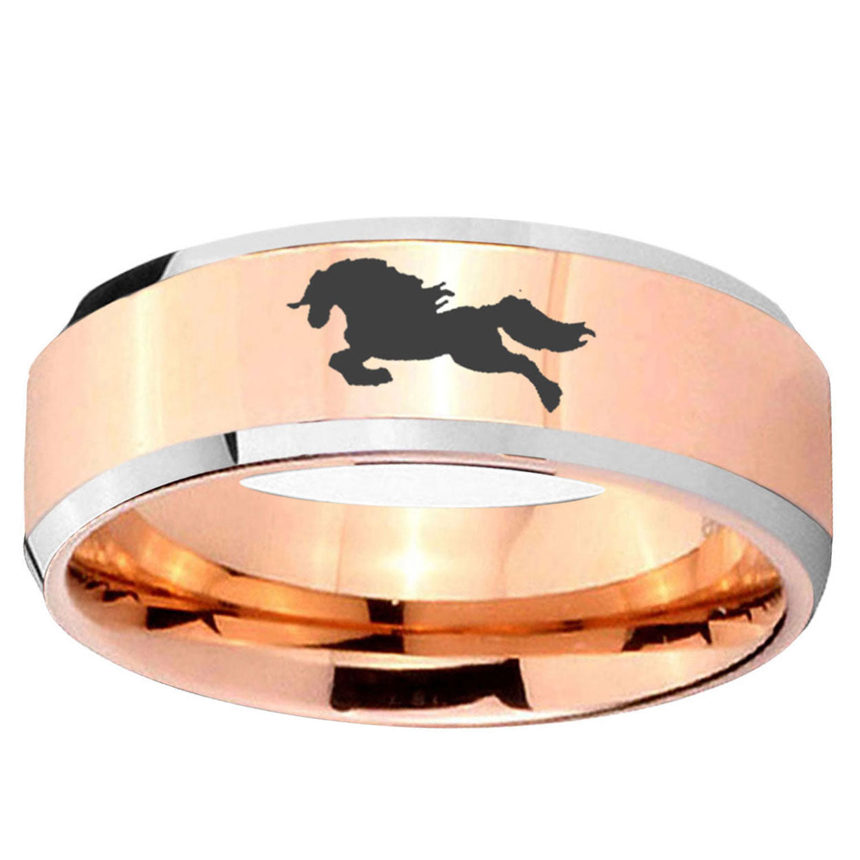 5MM Horse Beveled Rose Gold Tungsten Engrave Man Ring