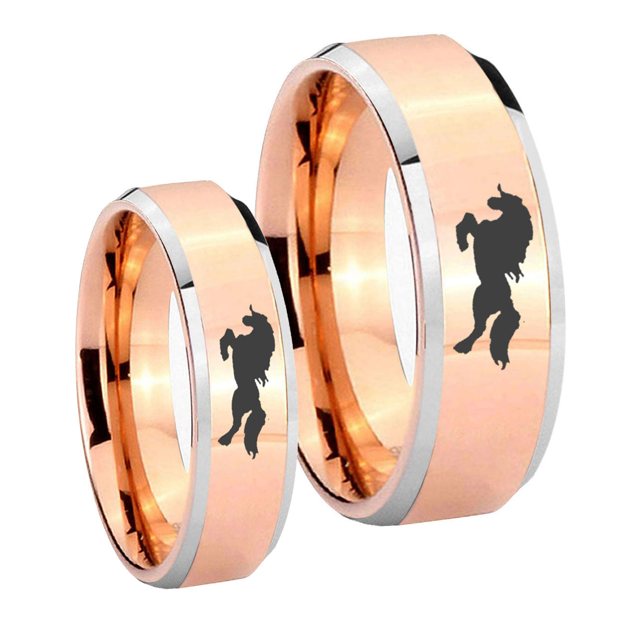 Horse Beveled Edges Rose Gold Tungsten Wedding Band Set