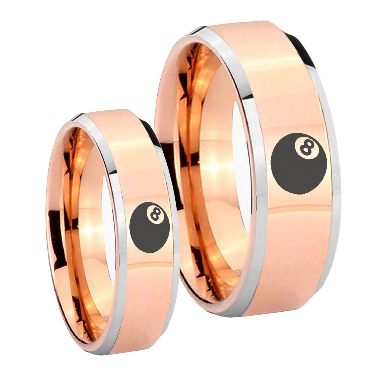 8 Ball Beveled Edges Rose Gold Tungsten Mens Set Ring