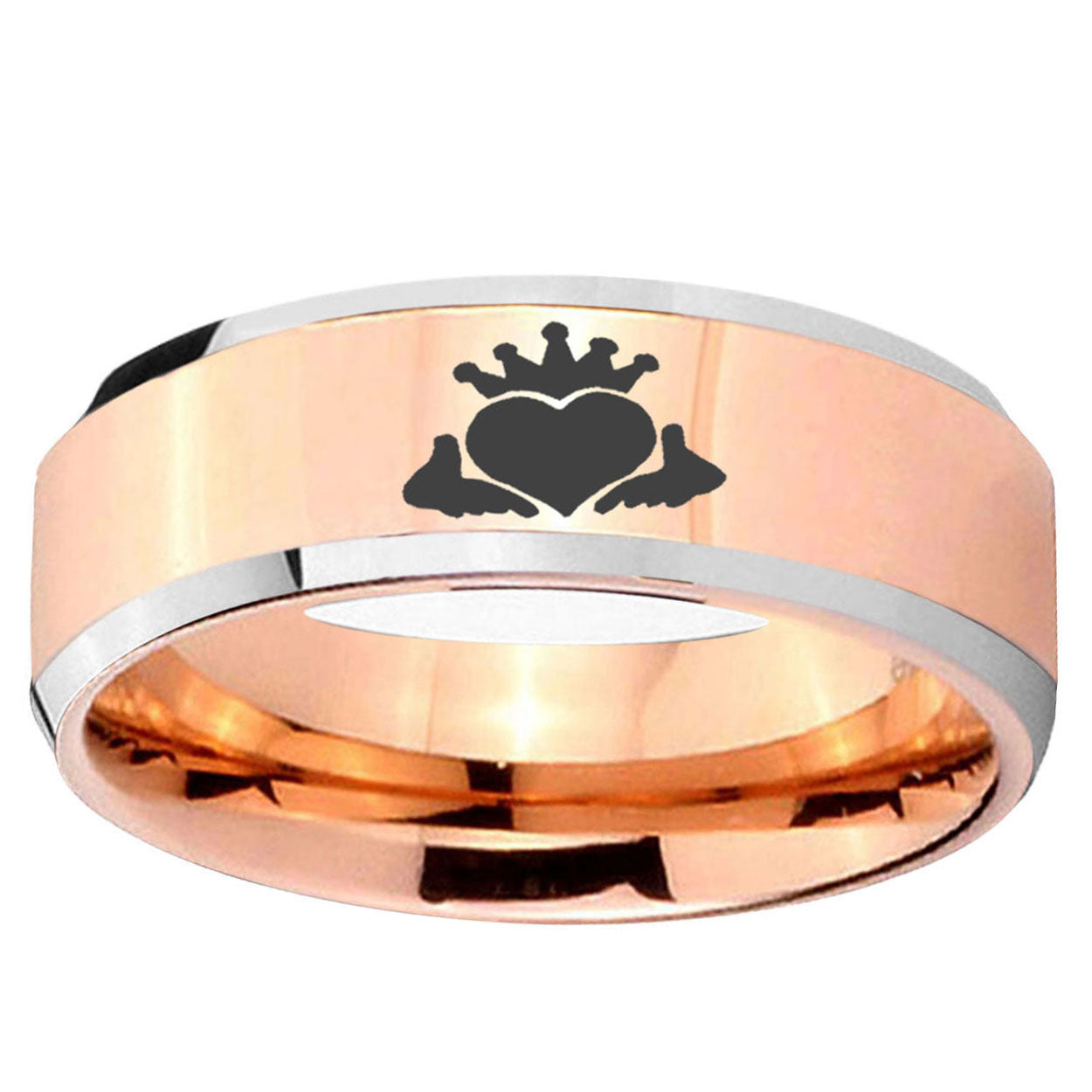 10mm Claddagh Design Beveled Edge Rose Gold Tungsten Ring