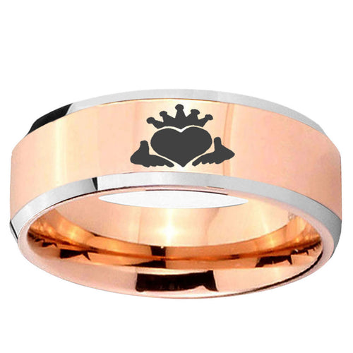 10mm Claddagh Design Beveled Edge Rose Gold Tungsten Ring