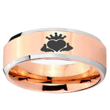 5, 8mm Claddagh Design Beveled Edge Rose Gold Tungsten Ring