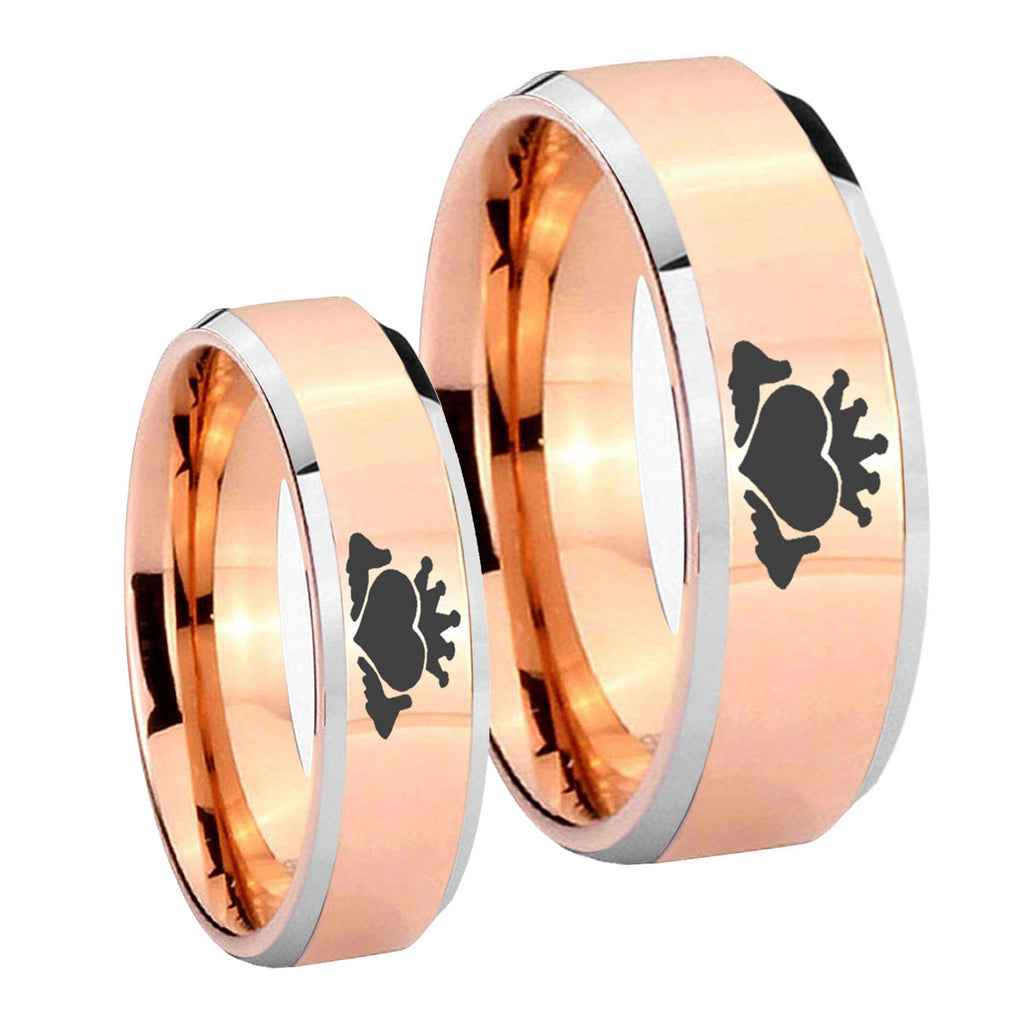 Claddagh Design Beveled Edges Rose Gold Tungsten Wedding Ring Sets