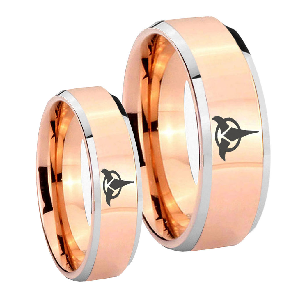 Klingon Beveled Edges Rose Gold Tungsten Couple Band Set