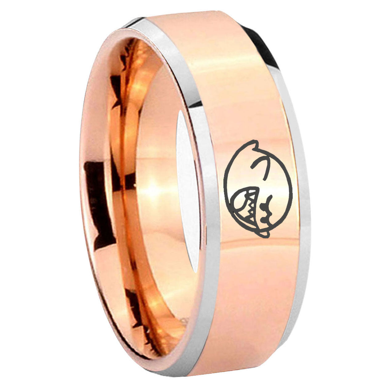 10mm Mario Boo Ghost Beveled Edges Rose Gold Tungsten Mens Ring Engraved