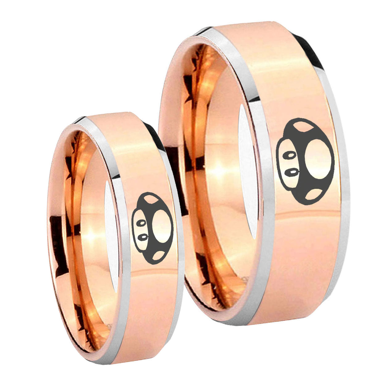 Mario Mushroom Beveled Edges Rose Gold Tungsten Promise Ring Set