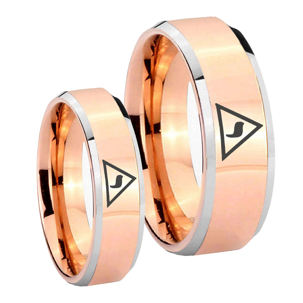 Masonic Yod Beveled Edges Rose Gold Tungsten Bridal Band Set
