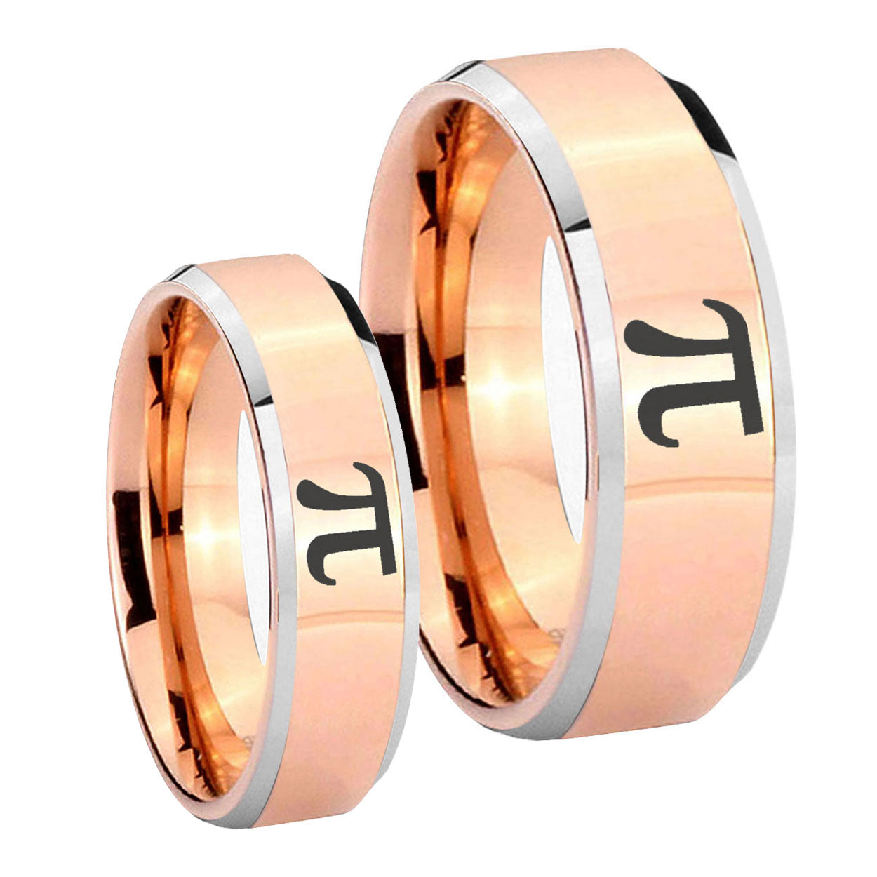 Math Pi Beveled Edges Rose Gold Tungsten Wedding Set Ring