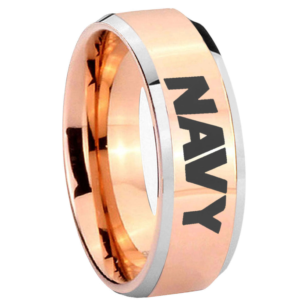 8MM Navy Beveled Rose Gold Tungsten Wedding Band