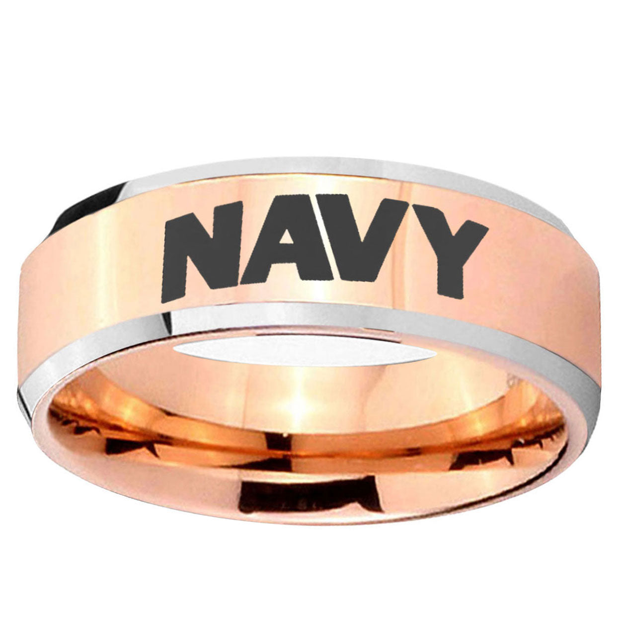 10mm Navy Beveled Edge Rose Gold Tungsten Ring