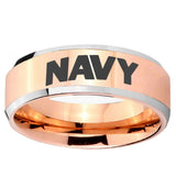 5, 8mm Navy Beveled Edge Rose Gold Tungsten Ring