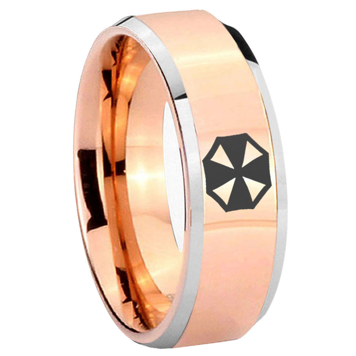 10mm Resident Evil Beveled Edges Rose Gold Tungsten Wedding Engagement Ring