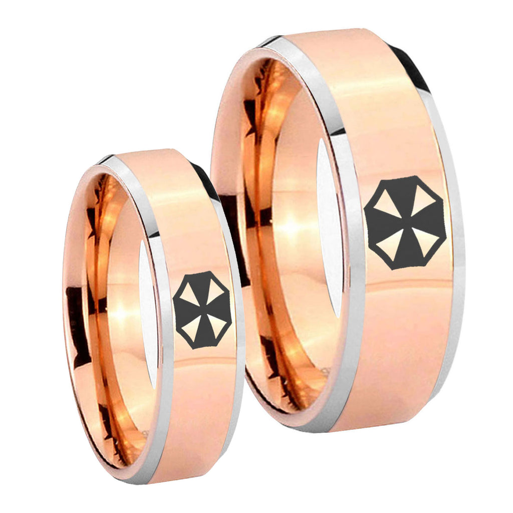 Resident Evil Beveled Edges Rose Gold Tungsten Matching Ring Set