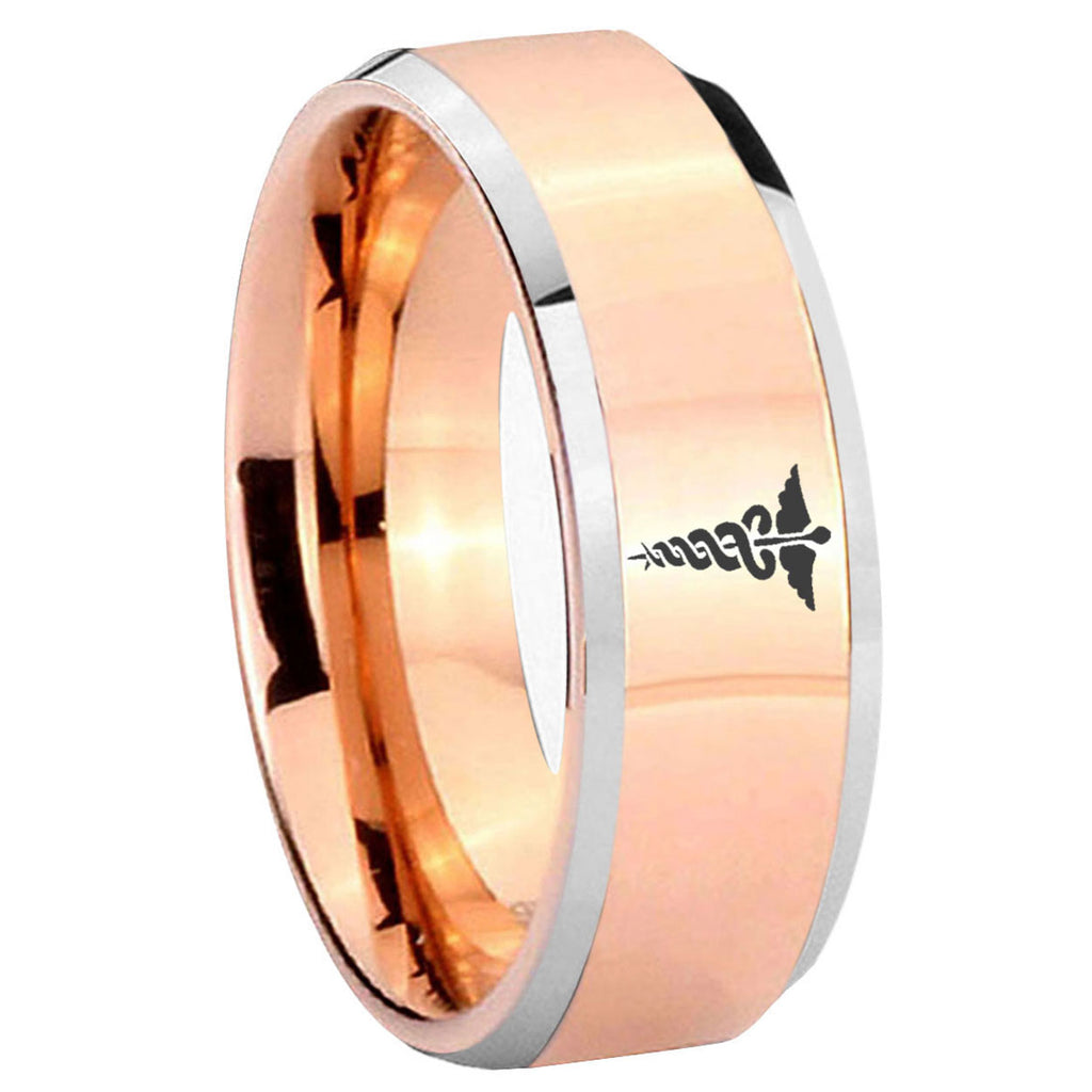 8MM Medical Symbol Beveled Rose Gold Tungsten Ring For Men