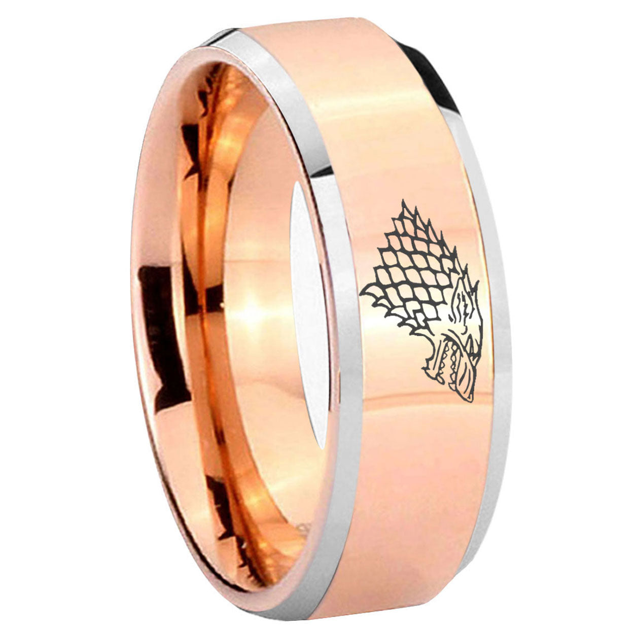 10mm Game Of Thrones House Stark Direwolf Beveled Edges Rose Gold Tungsten Wedding Bands Ring