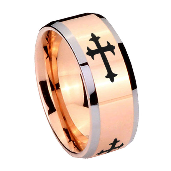 10mm-Christian-Cross-Religious-Beveled-Edges-Rose-Gold-Tungsten-Wedding-Bands-Ring