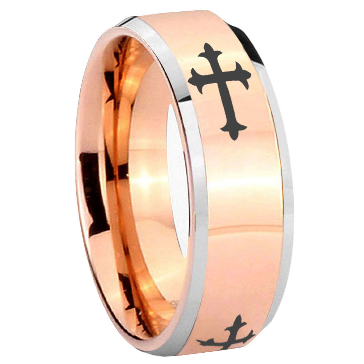 10mm Christian Cross Religious Beveled Edges Rose Gold Tungsten Wedding Bands Ring