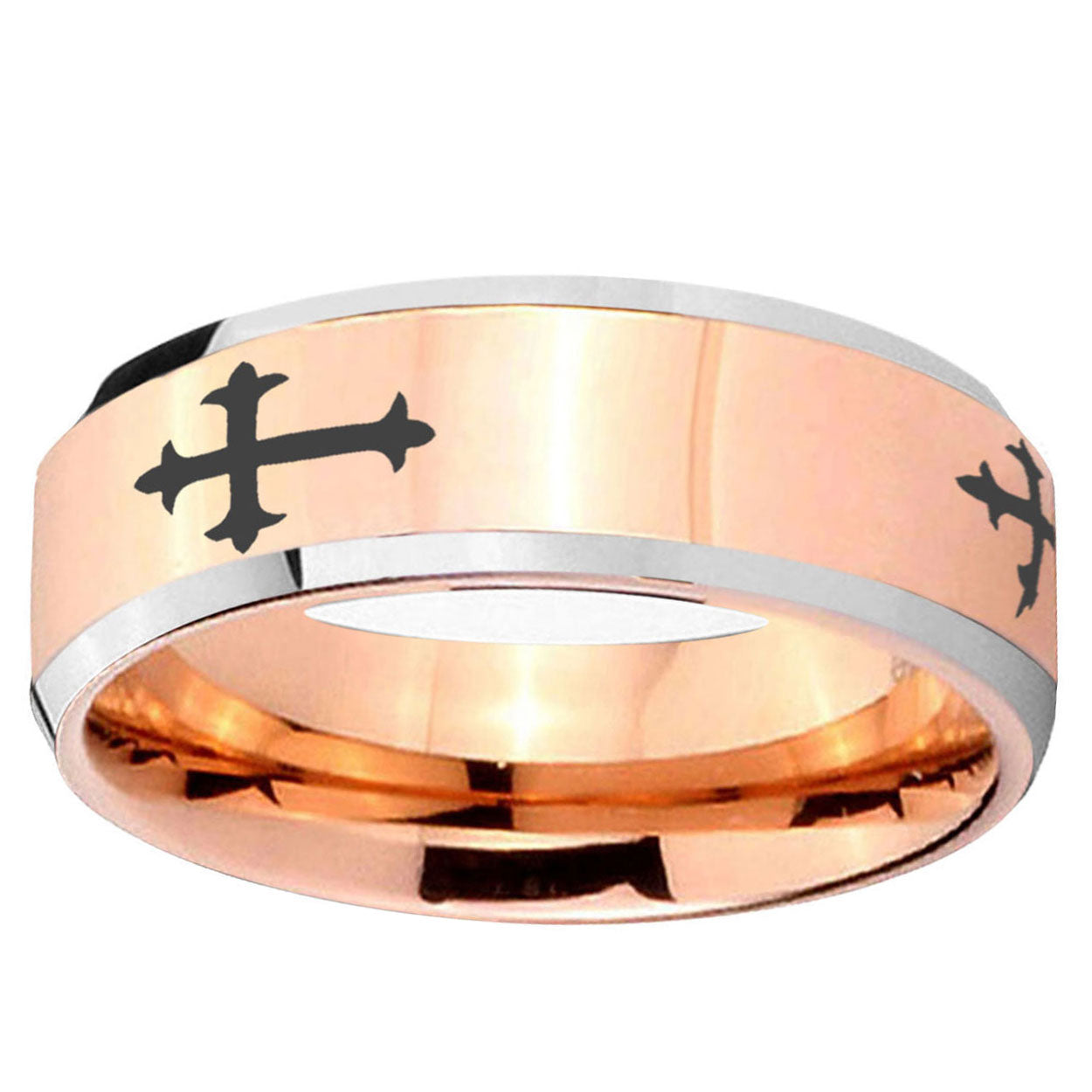 10mm Christian Cross Religious Beveled Edge Rose Gold Tungsten Wedding Bands Ring