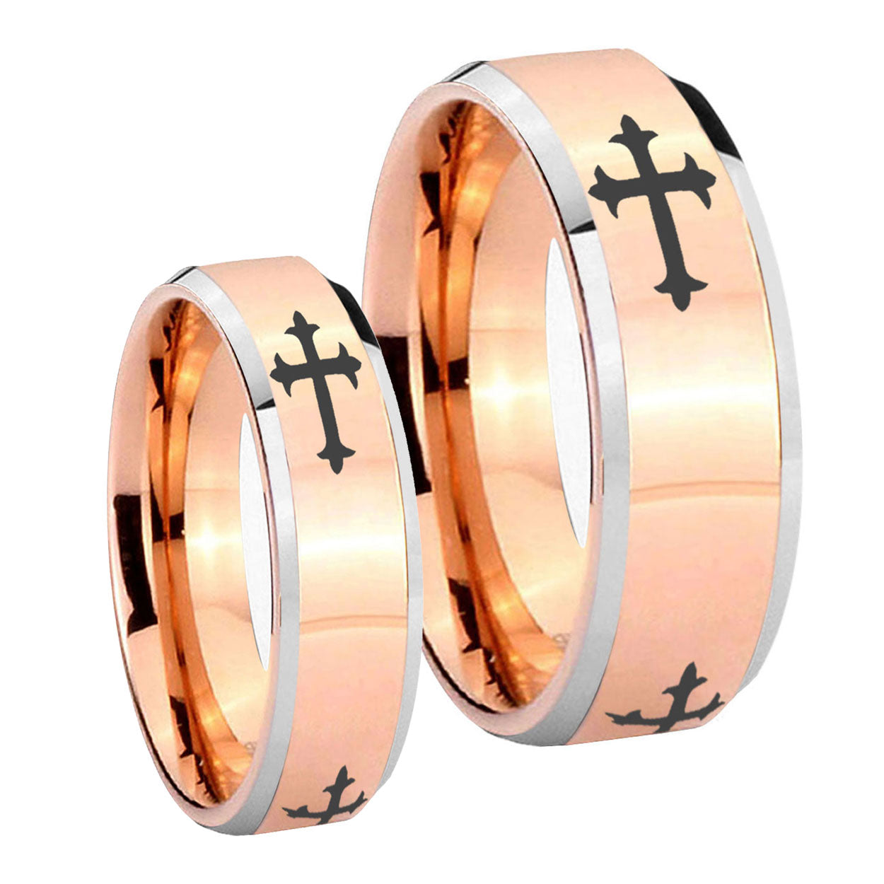 Christian Cross Religious Beveled Edges Rose Gold Tungsten His and Hers