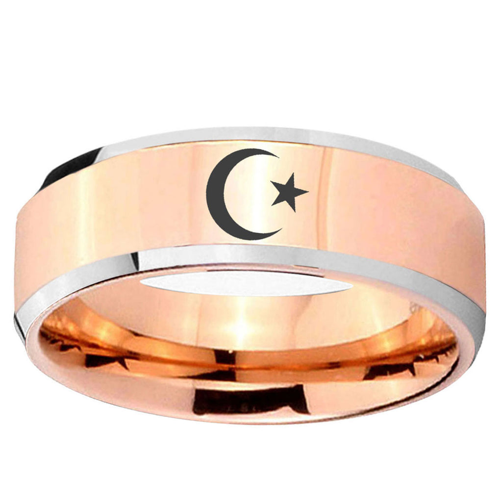 10mm Crescent Moon Stars Beveled Edge Rose Gold Tungsten Wedding Bands Ring