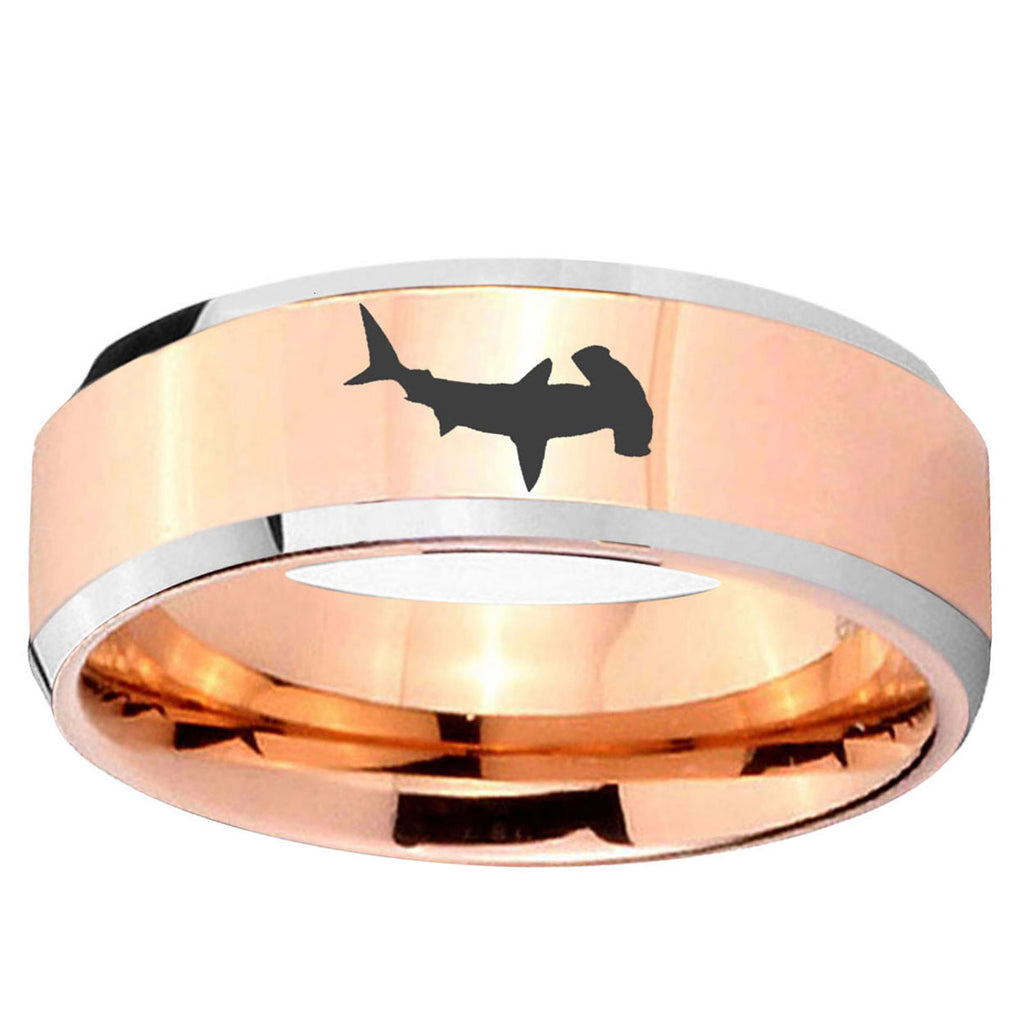 10mm Hammerhead Shark Beveled Edge Rose Gold Tungsten Wedding Bands Ring