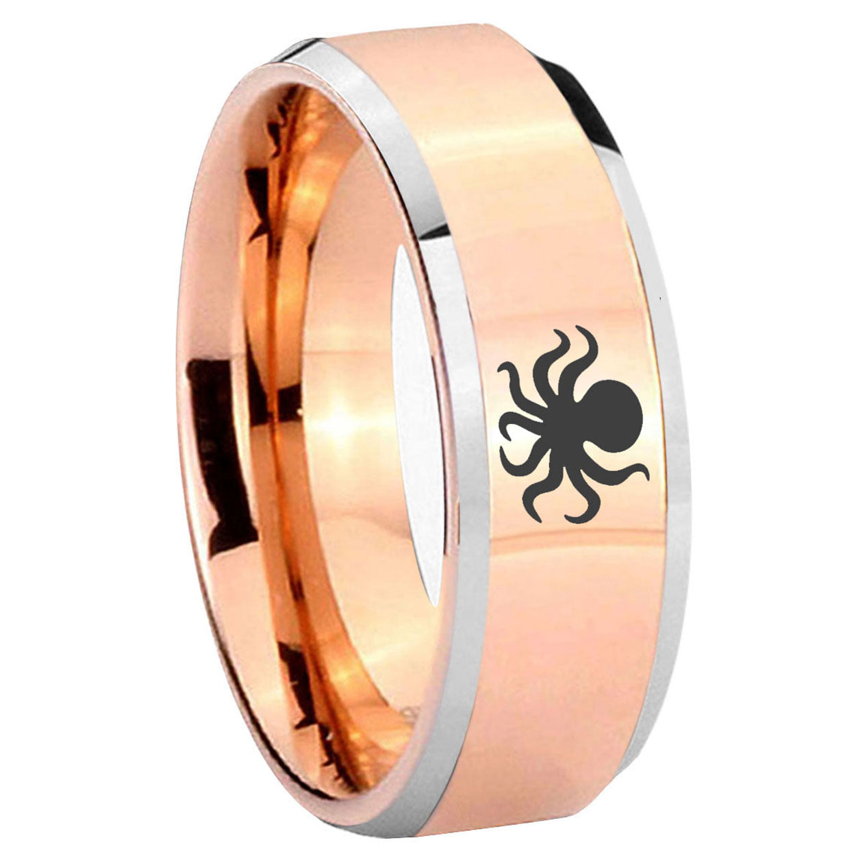 8MM Octopus Beveled Rose Gold Tungsten Mens Promise Ring