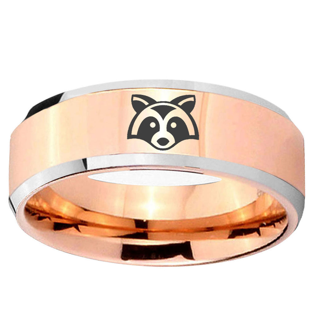 10mm Raccoon Animal Beveled Edge Rose Gold Tungsten Wedding Bands Ring