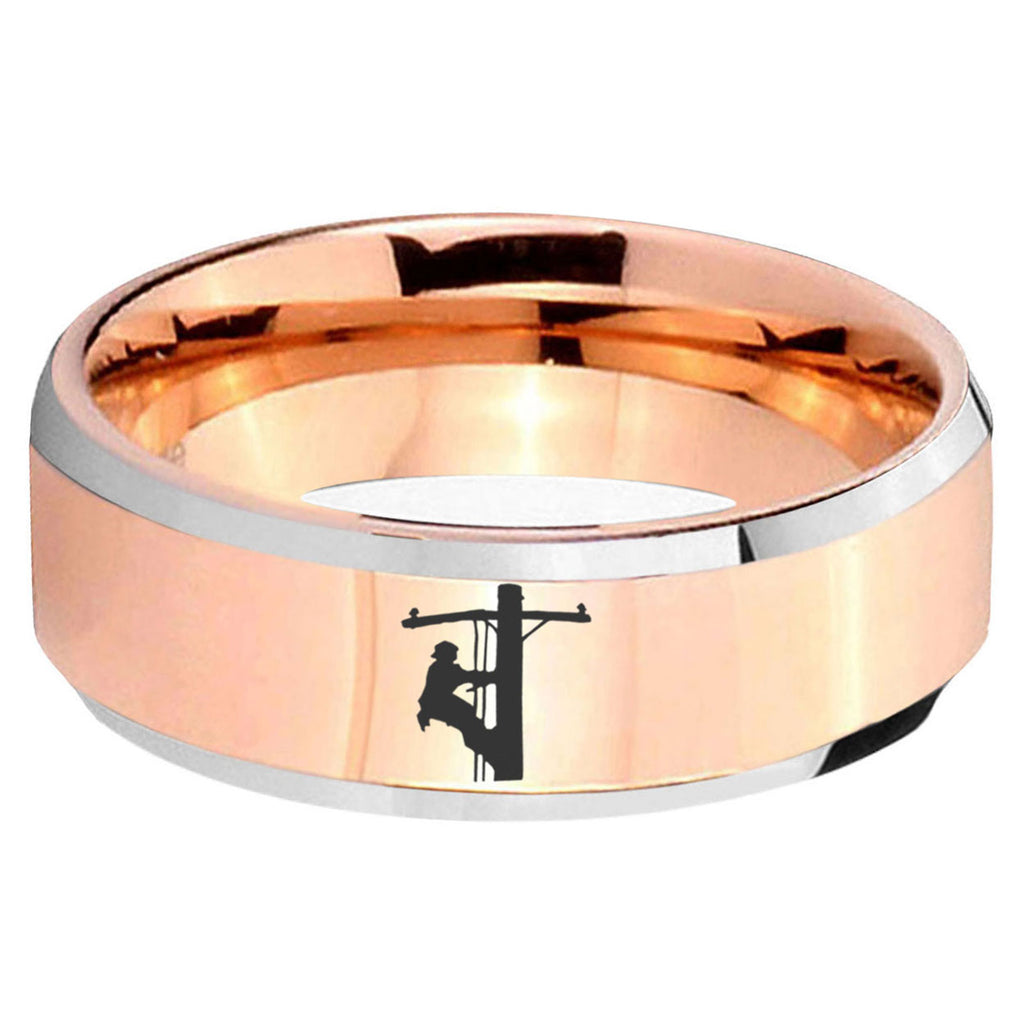 5MM Lineman Symbol Beveled Rose Gold Tungsten Wedding Band