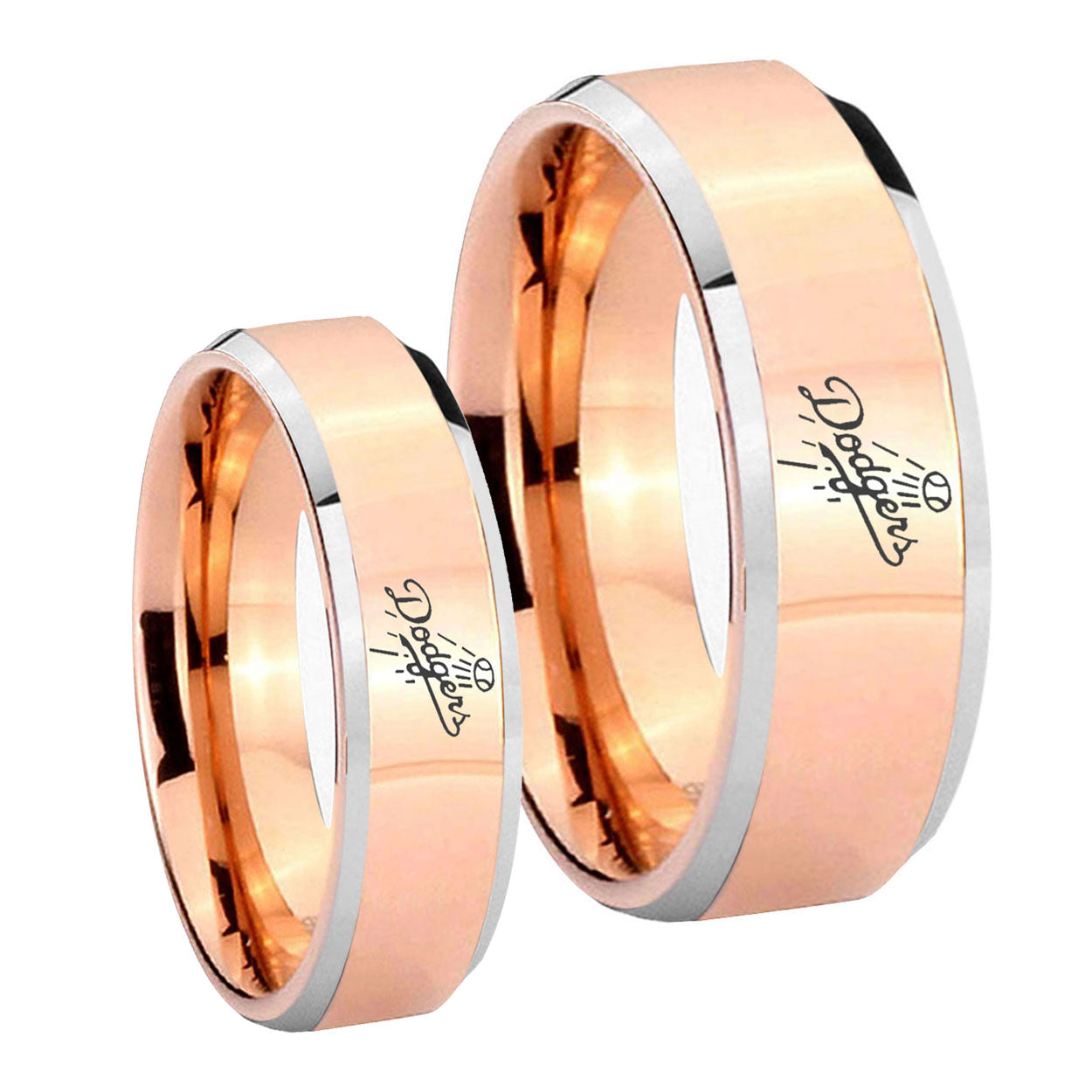 LA Dogers MLB Baseball Beveled Rose Gold Tungsten His Hers Ring Set
