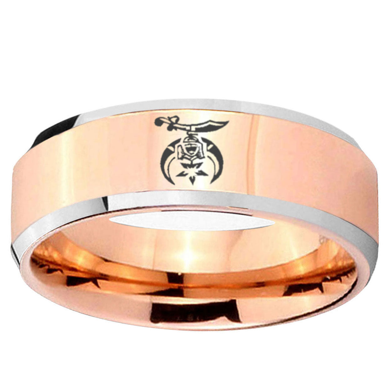 5MM Masonic Shriners Beveled Rose Gold Tungsten Engravable Ring