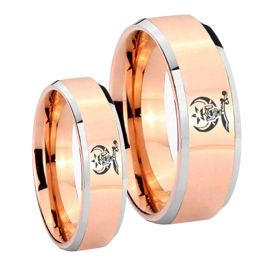 Masonic Shriners Beveled Rose Gold Tungsten Wedding Ring Sets