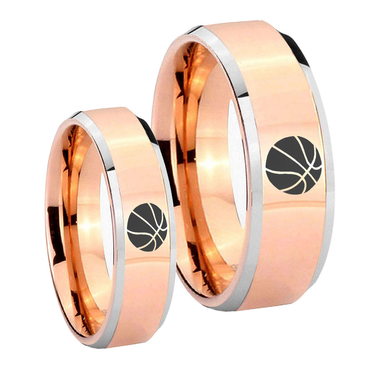 Basketball Beveled Edges Rose Gold Tungsten His And Hers Ring